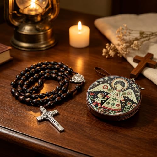 Wooden Catholic Rosary Beads, Rosarios Catolicos with Decorative Prayer Box - color: Brown (11)