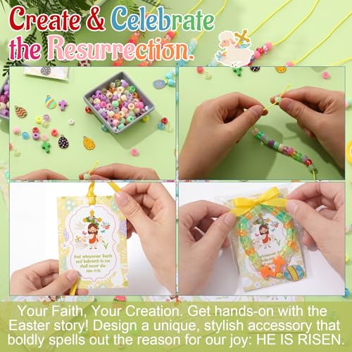 Ferreve 25 Sets Easter Beads Necklace Craft Kit DIY He is Risen Craft Acrylic Cross Bead Alloy Easter Egg Pendant Christian Religious Gifts with Jesus Greeting Card for Church Party Favor Activities