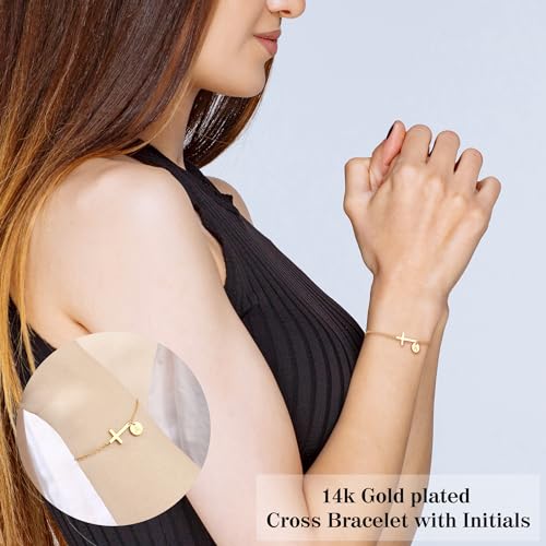 Stocking Stuffers for Teens Women, Cross Bracelet for Women Graduation Gift Dainty Cross Bracelet with Initials Christian Gifts for Women Teen Girl Gift Confirmation Baptism Religious Jewelry Birthday Mothers Day Gifts - color: Gold - G