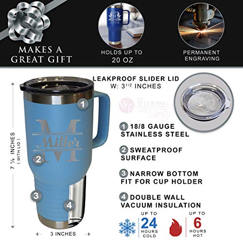 The Wedding Party Store Custom Personalized 20 oz Stainless Steel Powder Coated Vacuum Insulated Double Walled Travel Tumbler Coffee Mug with Handle and Lid (Carolina Blue) - color: Carolina Blue