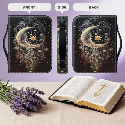 Bible Cover for Women Large PU Leather Zippered Bible Case with Handle and Beautiful Girl Moon Design, Christian Bible Cover for Girls & Women, Cover Fits Standard 9.5"x7.5"x2.3" Bible - color: Beautiful Girl Moon