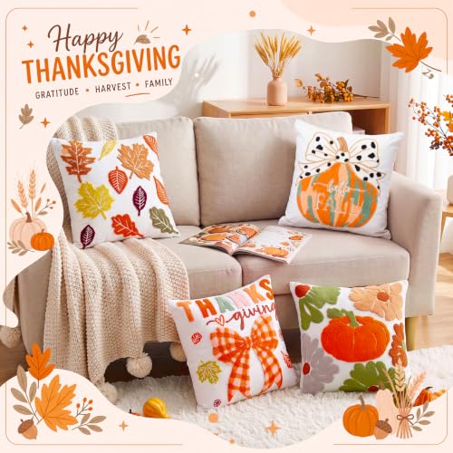 Mixweer 4 Pcs Fall Pillow Covers Set, 18 x 18 Inch Embroidered Autumn Throw Pillow Cases, Harvest Thanksgiving Square Throw Cushion Cover for Couch Sofa Bed Home Decoration - style: Fall