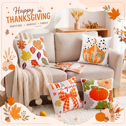 Mixweer 4 Pcs Fall Pillow Covers Set, 18 x 18 Inch Embroidered Autumn Throw Pillow Cases, Harvest Thanksgiving Square Throw Cushion Cover for Couch Sofa Bed Home Decoration - style: Fall