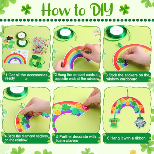 Funrous 48 Sets Crafts Kit Paper Crafts DIY Make Your Own Hanging Ornaments with Pompoms Diamond Stickers for Holiday Classroom Activities Party Favors, St. Patrick's Rainbow - style: St. Patrick's Rainbow