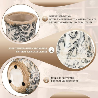 LemonRoad Vintage Ceramic Flower Vase 5.7 Inch Chinoiserie Ice Cracked Glaze Porcelain Vase Rustic Ceramic Large Centerpieces for Home Table Living Room Bookshelf Office(Vine Style) - style: Vine Style
