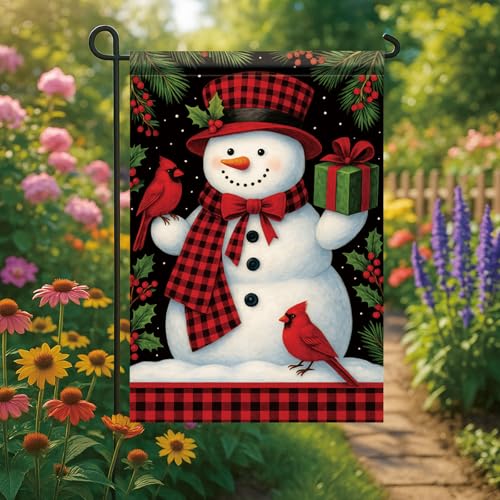 Christmas Garden Flag Buffalo Plaid Snowman Cardinal Gift 12x18 Inch Double Sided Outdoor Yard Banner for Winter Holiday Merry Christmas Decoration Seasonal Cute Welcome Decor. - color: Snowman Cardinal Gift
