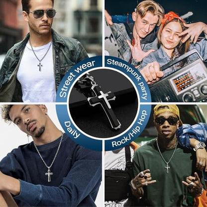 FLHEART Byzantine Cross Necklace for Men, Black Silver Stainless Steel Cross Chain Pendant Necklace Masculine Chunky Sturdy Mens Christian Jewelry Gift 22/24 Inch - color: Black, size: 22In