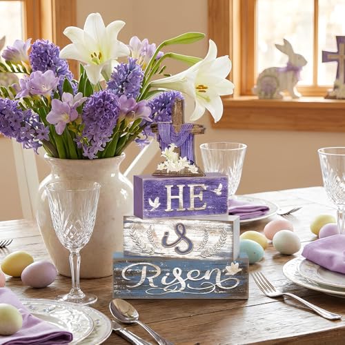 Britimes Tiered Tray Decor Set, 4 Pack, Wooden Table Sign, Easter Christian - style: He Is Risen Cross