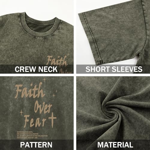 Christian Shirts for Men Faith Over Fear Acid Wash Tshirts Faith Religious Tees God Bible Verse Inspirational Tops - color: Army Green, size: Small