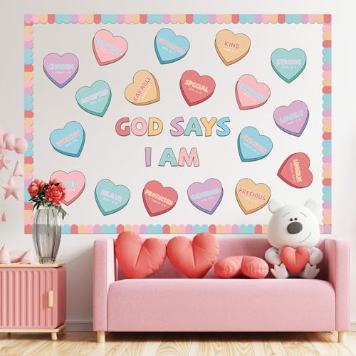 Kosiz 64 Pcs Valentine Christian Hearts Bulletin Board Cutouts Decoration - style: Valentine