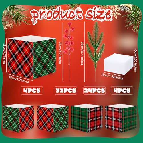 Zeyune 4 Set Christmas Centerpiece for Table Bulk, 4.7 Inch Xmas Centerpiece Decoration Ideal with Artificial Pine Branches and Red Berries Stems for Xmas Party Indoor Home Decor (Christmas Plaid) - style: Classic