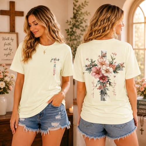 Faith Cross Christian T-Shirt with Boho Floral Cross Print Short Sleeve Casual Graphic Tee for Women - color: Creamy Yellow, size: XX-Large