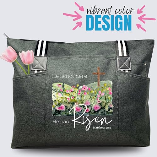 Brooke & Jess Designs Church Bags for Women - Bible Tote Bags for Women, Large Tote Bag for Womens with Zipper - color: Black Tessa He is Risen