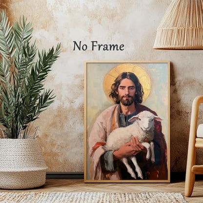 Jesus Holding Sheeps Canvas Wall Art Good Shepherd Poster Jesus And Lamb Print Christian Easter Pictures Abstract Christ Artwork Picture Of Christ Portraits The Sheep Painting 16x24in No Frame - color: A3Unframed