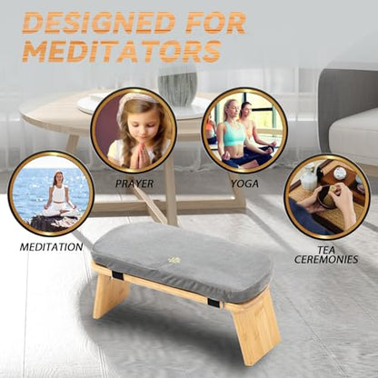 Large Bamboo Meditation Bench, Foldable Prayer Stool(Grey & Bag) - color: Grey & Bag