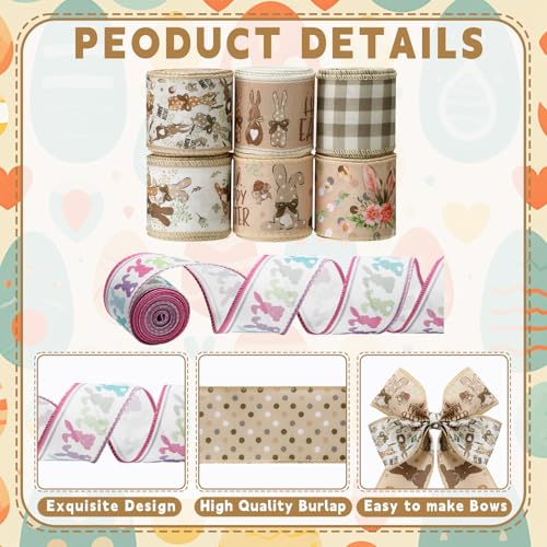 12 Rolls Easter Bunny Wired Edge Ribbon for Wreaths 2 Inch x 60 Yards Happy Easter Floral Bunny Print Grosgrain Ribbon for Bow Gift Bow Crafts Party Supplies 12 Styles - style: Brown Easter