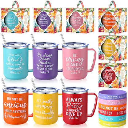 Patelai 18 Pcs 17 oz Christian Coffee Mugs for Woman with Lid Straw Include 6 Religious Bible Verse Tumbler Silicone Bracelet for Spanish Friend Men Women Christmas Halloween Party Favor(Bright) - style: Bright