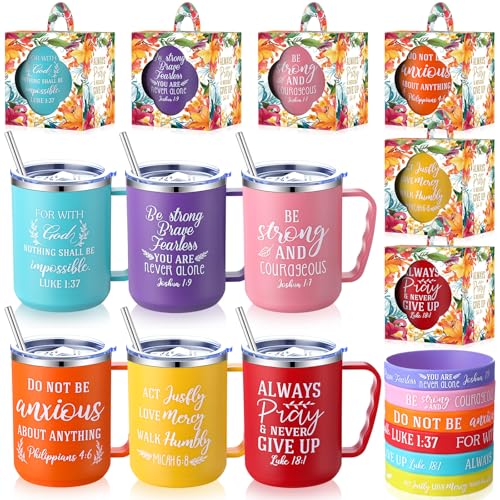 Patelai 18 Pcs 17 oz Christian Coffee Mugs for Woman with Lid Straw Include 6 Religious Bible Verse Tumbler Silicone Bracelet for Spanish Friend Men Women Christmas Halloween Party Favor(Bright) - style: Bright