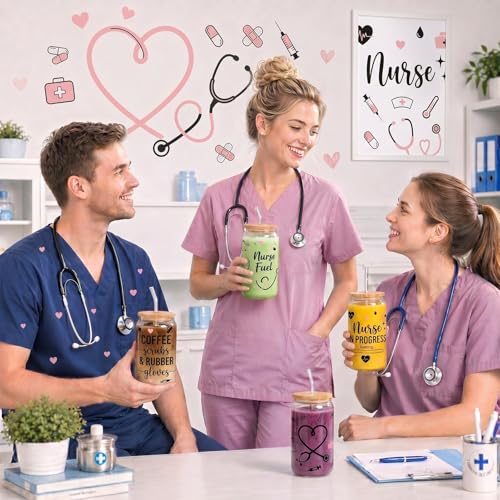 Glass Cups with Lids and Straws, 4Pack, 16oz, Nurse Nursing - color: Nurse Appreciation