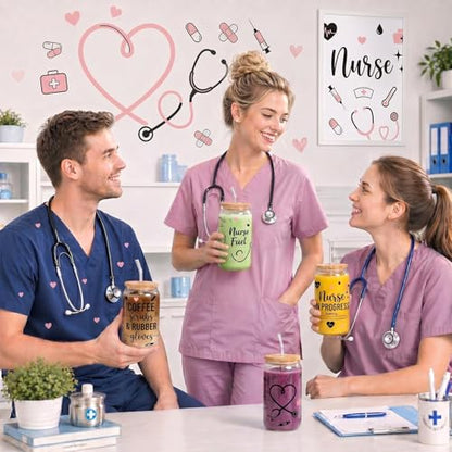 Glass Cups with Lids and Straws, 4Pack, 16oz, Nurse Nursing - color: Nurse Appreciation