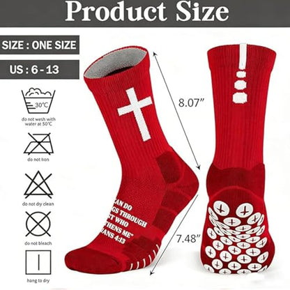 Christian Soccer Socks-Moisture-Wicking, Faith Prayer Football Anti-Slip Grip Cross Symbol&Bible Verse Youth 6-13 - color: Red