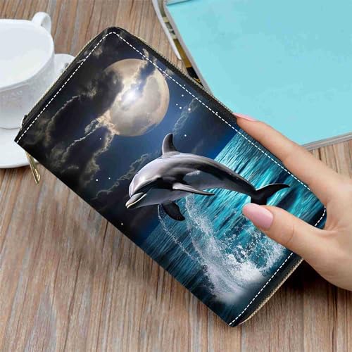Dolphin Under The Moon Print Wallet for Women Large Capacity Wallet Credit Card Holder PU Leather Zipper Clutch Purse Phone Wallet - color: Dolphin Under The Moon