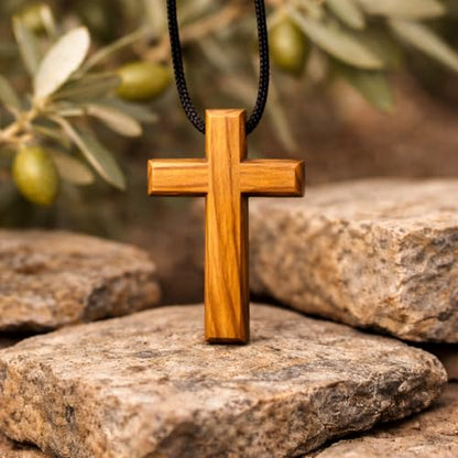 Olive Wood Cross Necklace from Bethlehem – 1.5" Wooden Crucifix Pendant with 24" Adjustable Black Cord, Christian Jewelry for Men and Women