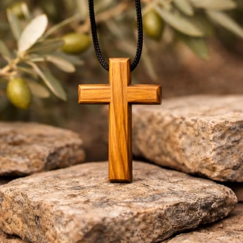 Olive Wood Cross Necklace from Bethlehem – 1.5" Wooden Crucifix Pendant with 24" Adjustable Black Cord, Christian Jewelry for Men and Women