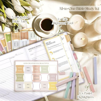 Lanpn Bible Study Journals for Women with Tabs & Highlighters, Church Notes Taking Daily Devotional Journaling, Linen Bible Prayer Guide Notebook Christian Religious Faith Based Gifts, Purple - color: Purple