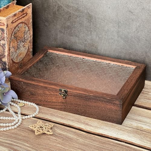 Keepsake Box - Vintage Wooden Decorative Box with Glass Lid for Jewelry, Trinket, Photo & Memory Storage (Large) - size: Large