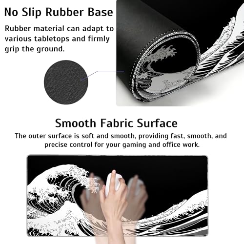 Dark Wave Mouse Pad,35.4 x 15.7 Inch Large Mouse Mat Non-Slip Rubber Stitched Edges for Writing Desk,Office,Home,Laptop - color: Dark Wave, size: 35.4L x 15.7W inches