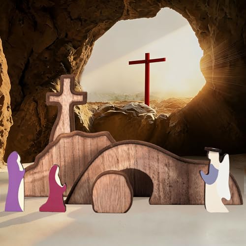 JarThenaAMCS Empty Tomb Easter Table Scene and Cross Decoration Wooden Jesus Nativity Scene He is Risen Centerpiece for Christian Party Home Tabletop Tray Decor, Set of 7 Pcs