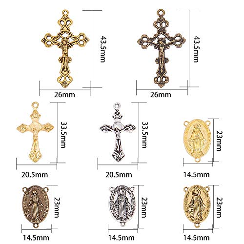 SUNNYCLUE Tibetan Style Rosary Cross Charms and Center Miraculous Medal Easter Vintage Cross Crucifix Pendants Oval Chandelier Links Bronze Connector Charm for Rosary Bead Necklace Making Supplies - color: Mixed Color Miraculous Medal and Cross Charms