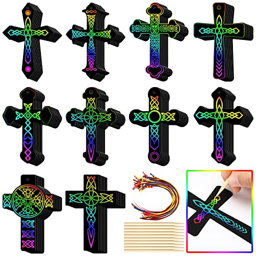 Chivao 80 Pcs Scratch Art Cross Ornaments Rainbow DIY Kit for Kids