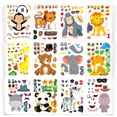 Aowplc 48 Safari Animal Make-a-Face Sticker Sheets for Kids - style: Safari Animals