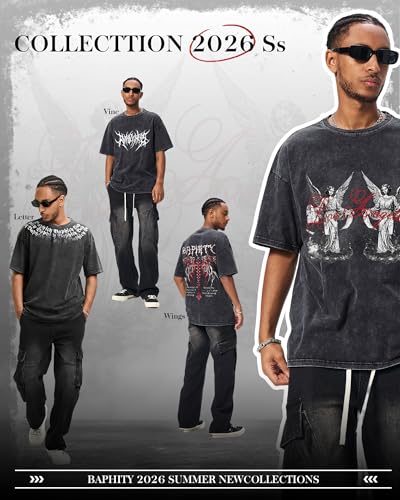 BAPHITY Mens Streetwear Crew Neck Cotton Graphic T Shirt - color: Black Statue, size: X-Large