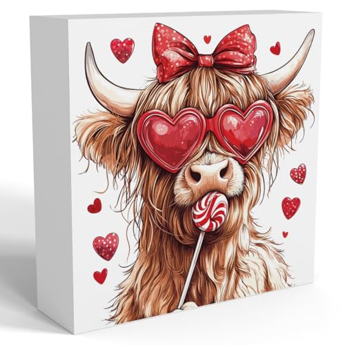 Valentines Day Decorations, Valentines Day Gifts for Her Him, Gift for Boyfriend Girlfriend, Vintage Heart Bow Highland Cow Anniversary Wooden Box Sign Husband Wife Home Office Bedroom Desk Decor - color: Heart Bow Highland Cow