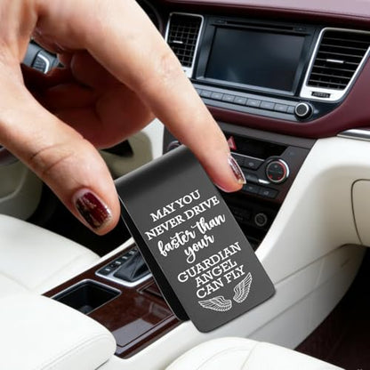 YODOCAMP Never Drive Faster Than Your Guardian Angel Can Fly Car Visor Clip, Christian Safe Driving Reminder with Engraved Angel Message, Faith Based Driver Gift Religious Car Accessory TZC182 - color: Black-C182
