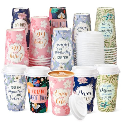 50 Pack 16 oz Disposable Coffee Cups with Lids Flowers - style: Inspirational Flowers