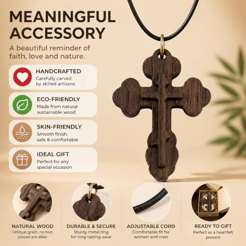 Wood Cross Necklace,Handmade Wood cross pendant Handcraft Christian Faith Pendant Gift for Women & Men - color: walnut