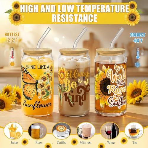 Glass Cups with Lids and Straws, 6Pack, 16oz, Sunflower Christian - style: Sunflower