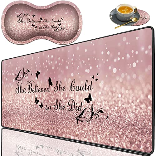 3 Piece Mouse Pad Set with Stitched Edge Large Anti-Slip Mouse Pad Desk Pad Keyboard Pad + Wrist Rest Pad + Coaster, Memory Foam Wrist Rest for Office/Home - She Believed She Could So She Did - color: HTT-H3-Mouse 012