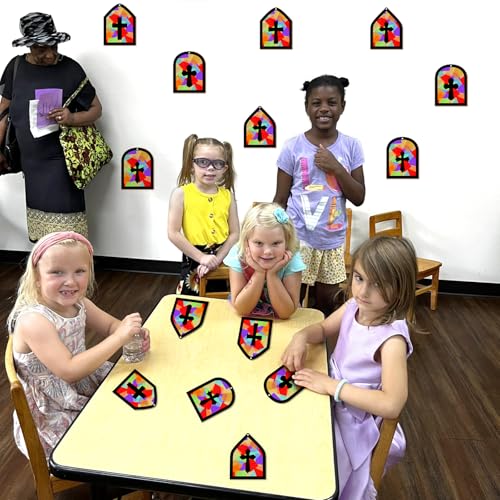 40PCS Sunday School VBS Crafts Bulk: Paper Cross Nativity Suncatchers, Jesus Religious Christian Classroom Camping Activity DIY Kits Gifts Church Decorations, Window Stained Glass Effect Art Supplies - style: cross