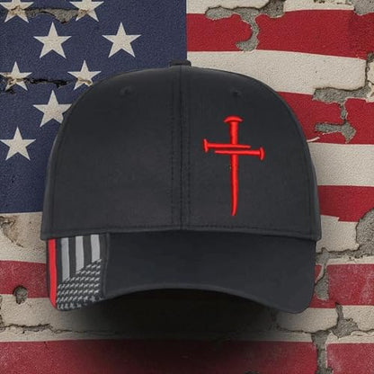 Christian Cross Baseball Cap, Religious Sacred Nails Design,Red Line Firefighter Flag with RED Cross Jesus Adjustable Hat with Free 4" Cross Window Decal