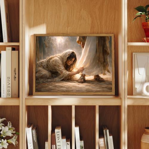 Framed Christian Jesus Wall Art, Woman Touching the Hem of Jesus Garment Wall Decor Paintings, Bible Faith Pictures Canvas Prints Religious Home Decor Artwork for Living Room Bedroom Church 16x24 Inch - color: Jesus, size: 24"L x 16"W