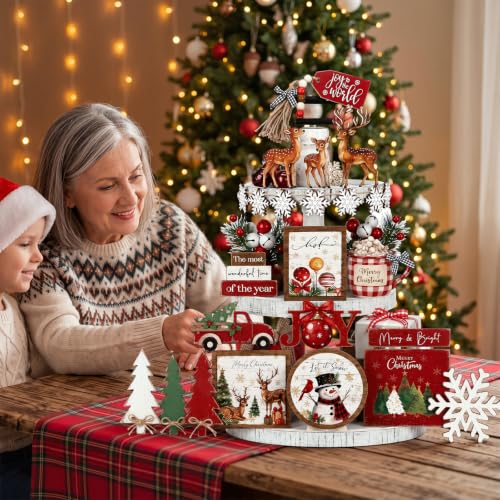 Vercraft Christmas Tiered Tray Decor Xmas Wooden Table Decor, Farmhouse - style: Farmhouse Christmas