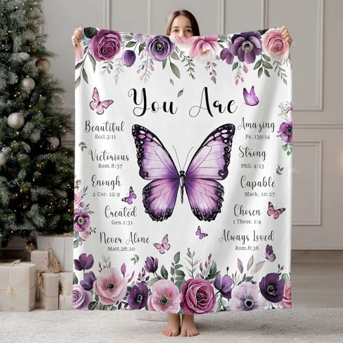 MASLEK Christian Bible Verse Purple Butterfly Flannel Blanket, 60x80 Inch - color: Purple, size: 80L" x 60W"