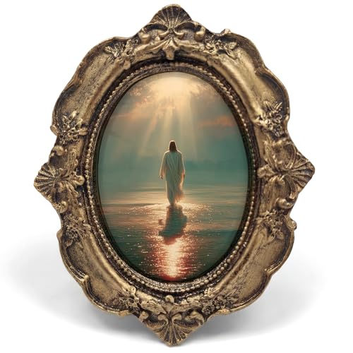 Christian Jesus Walking on Water Small Bronze Oval Picture Frame, Bible Verse Mini Ornate Photo Frame for Wall Art Decor TableTop Prayer Room, Vintage Framed Artwork Gifts for Office 4x5in - color: water