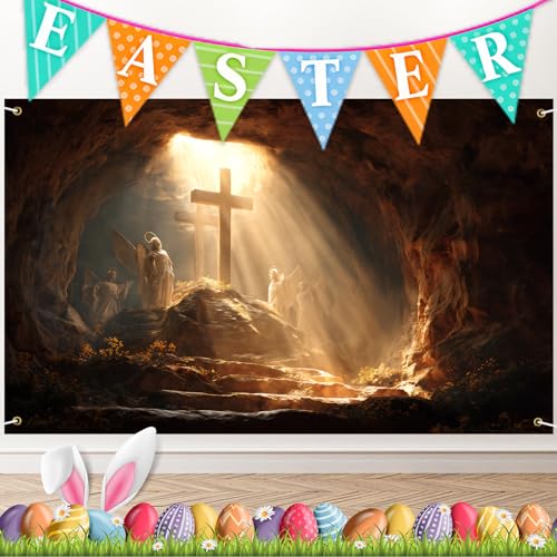Happy Easter Banner 71x43 Inch, Resurrection Cross Backdrop with Angels, Christian Easter Outdoor Fabric Banner for Church Service Religious Decoration Photo Booth Background - color: 231