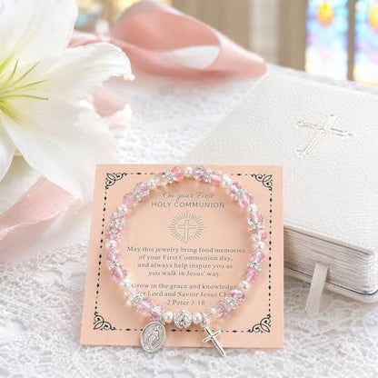 Women Stretch Rosary Bracelet Beaded Crucifix & Miraculous Medal - color: HOLY2